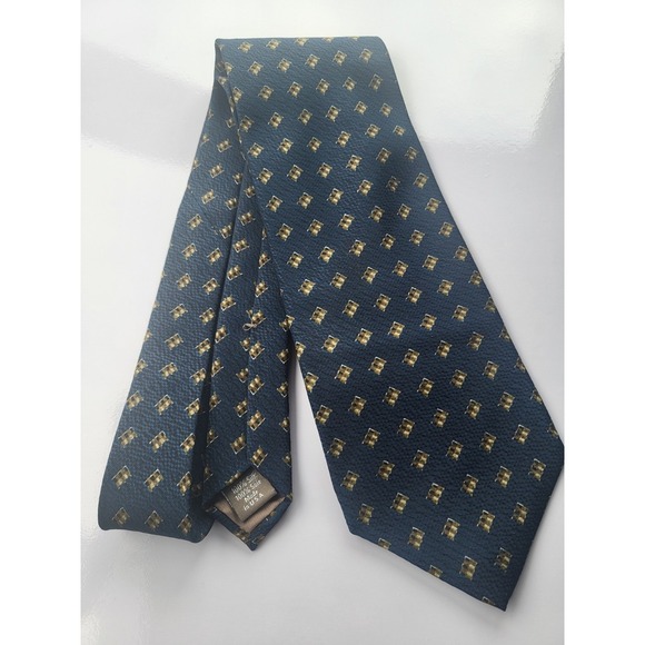 Calvin Klein silk tie navy‎ blue brown gold geometric pattern - Picture 1 of 6
